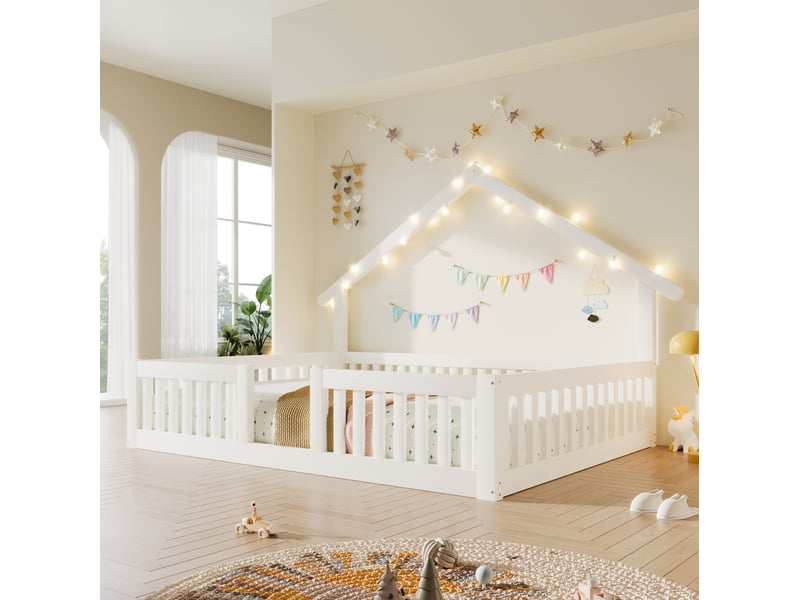  Lit surélevé enfant 140x200 cm avec sommier à lattes, garde-corps de sécurité, guirlande led, bois blanc, sans matelas  - Conforama E