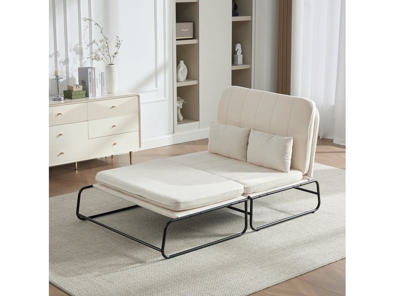  Canapé convertible 2 places avec poches latérales et coussin lombaire, structure en métal et chenille beige  - Conforama D