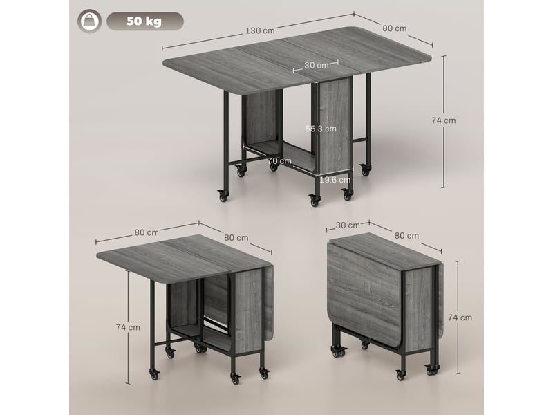  Table de salle à manger pliante pour 6 personnes avec étagère, en bois et métal, 130 x 80 x 74 cm, grise  - Conforama E