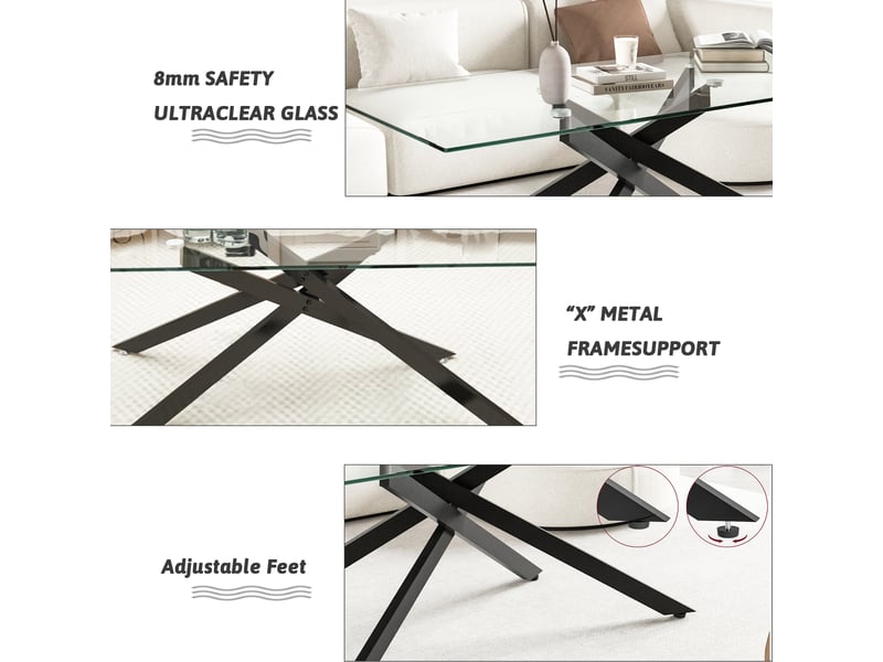  Table basse en verre trempé avec plateau transparent et structure en métal noir à lignes épurées pour salon  - Conforama C