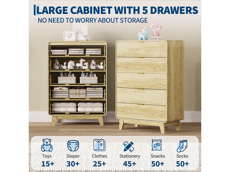  Commode haute 5 tiroirs cannelés – grand espace de rangement – poignées dorées en métal – pieds robustes – pour chambre, salon MHK_36USNFT4 - Conforama B