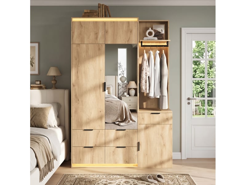  Ensemble vestiaire avec armoire, miroir et led – mdf décor chêne – 135 x 47 x 200 cm  - Conforama C