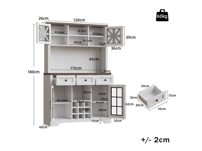  Buffet haut blanc 120 x 40 x 180 cm avec led, range-bouteilles et porte-verres  - Conforama C
