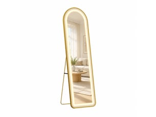 Miroir sur pied led 150x40 cm, miroir pleine longueur incurvé, 3 réglables couleur, cadre en alliage d'aluminium, montage mural ou sol, doré