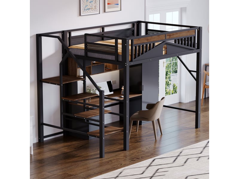  Lit mezzanine 140x200cm coloris noir métal et bois massif lit enfant noir - Conforama B