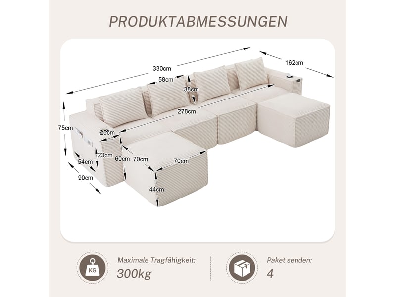  Canapé modulaire 4 places en velours côtelé beige avec 2 poufs, ressorts et mousse haute densité, rangement et porte-gobelets  - Conforama B