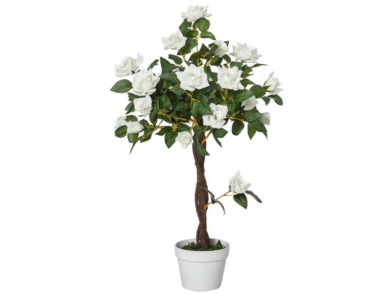  Rosier artificiel à 21 fleurs avec pot rempli de ciment et de mousse, plante artificielle anti-uv en plastique et tissu, ø18 x 90 cm, blanc et vert  - Conforama B