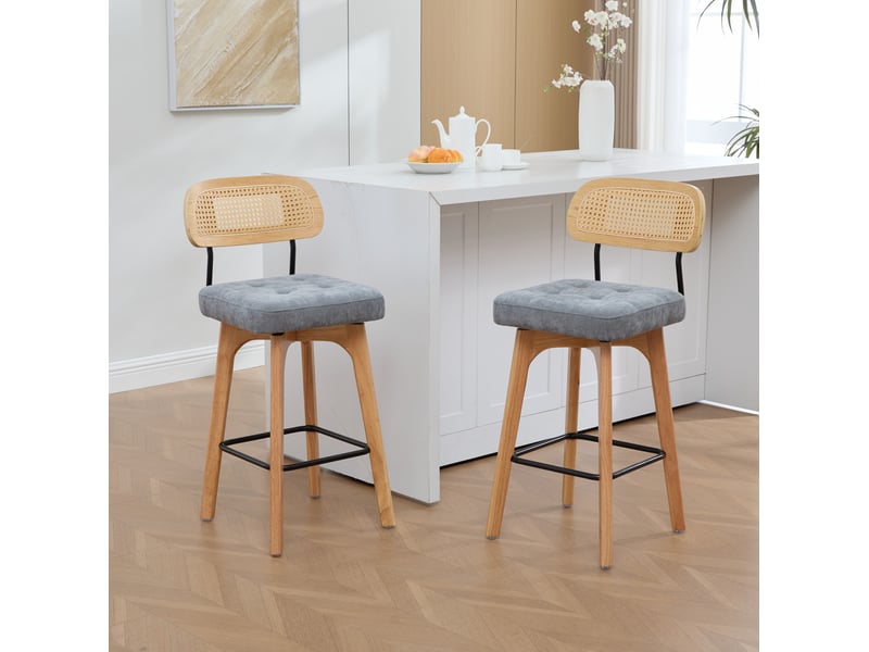 Tabouret de bar lot de 2 pivotant à 360° avec dossier en rotin, assise rembourrée et repose-pieds en chenille gris - Conforama B