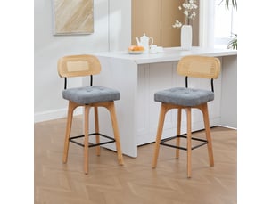 Tabouret de bar lot de 2 pivotant à 360° avec dossier en rotin, assise rembourrée et repose-pieds en chenille gris