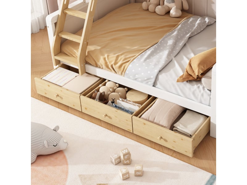  Lit superposé enfant 90 x 200 et 140 x 200 cm, avec escalier, 3 coffres de rangement et barrière de sécurité, blanc  - Conforama E