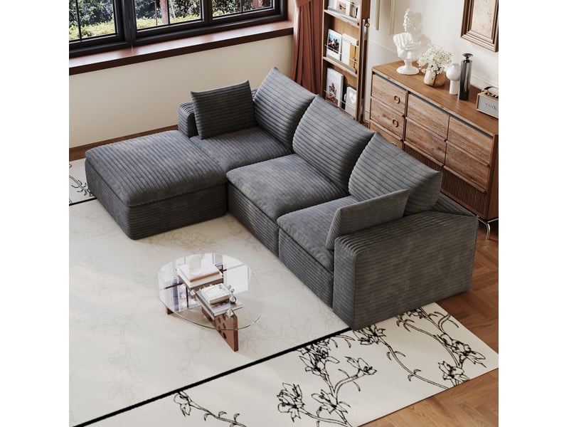 Canapé modulaire 4 places avec méridienne, coussins amovibles et design double couche en velours côtelé gris foncé - Conforama D