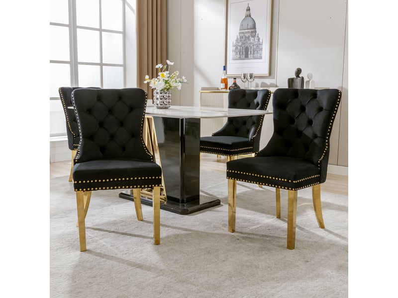  Chaise de salle à manger capitonnée avec anneau décoratif, pieds en acier inoxydable doré et velours noir  - Conforama C