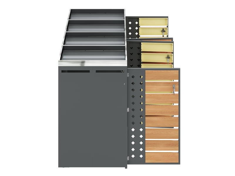  Cache-poubelles 4 compartiments avec bac à plantes, panneaux bois horizontaux, métal gris  - Conforama E