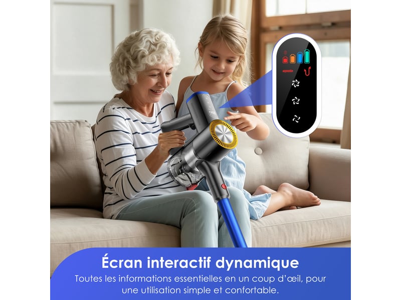  Aspirateur balai sans fil 55 000 pa, autonomie 70 min, led vert, aspirateur 6-en-1 avec tube flexible à 180°, bac à poussière 1,8 l, 4 filtres hepa h13 lavables inclus, sans sac, technologie anti-emmêlement des cheveux et poils  - Conforama E