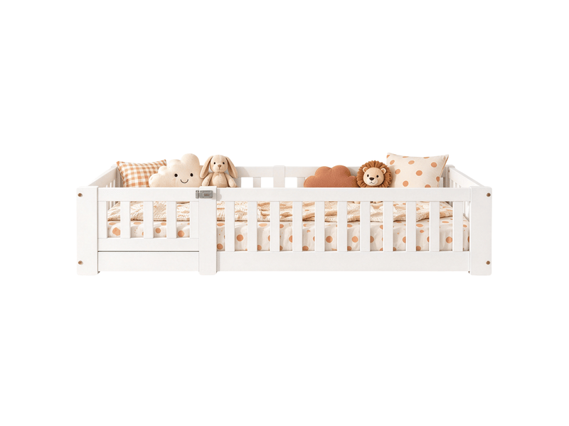  Lit montessori au sol en pin massif pour enfant, lit enfant 90x190 cm avec 30cm garde-corps de sécurité - peinture à base d’eau écologique - sommier à lattes inclus - style scandinave, lit bas pour chambre d’enfant  - Conforama A