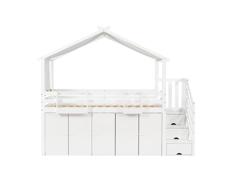  Lit étagé 90x200cm blanc et vert, structure pin mdf contreplaqué, penderie, casiers et escalier rangement  - Conforama A