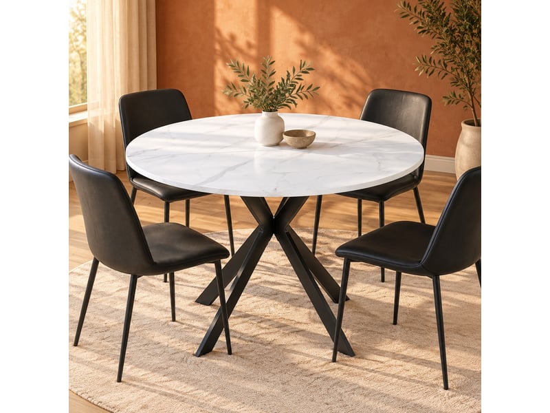  Table de salle à manger ronde, plateau effet marbre - lpospi - piètement en x métal mdf noir et blanc, ø 110 cm  - Conforama C