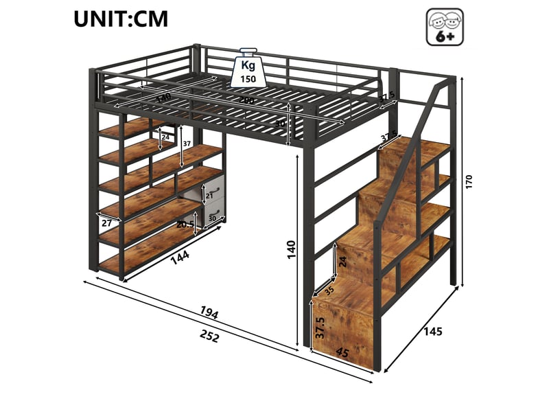  Lit mezzanine 140x200 cm, lit enfant, tiroirs, échelle sécurisée, barrière antichute, led, bois et métal noir  - Conforama W