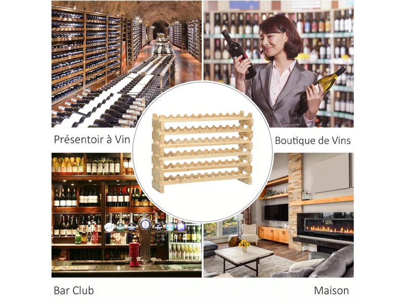  Casier à bouteilles pour 72 bouteilles, étagère à vin avec 6 niveaux modulable et superposable, casier à vin en bois de sapin massif, pour cave, bars, sous-sols, bois naturel, 114x28x85cm  - Conforama W