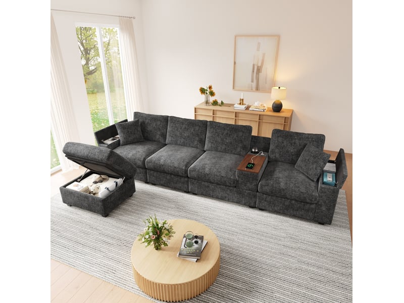 Canapé modulable d'angle modenvie 5 places avec pouf et rangement, ports usb et type-c, table basse pivotante à 360°, chenille grise, 313 x 147 x 82 cm  - Conforama E