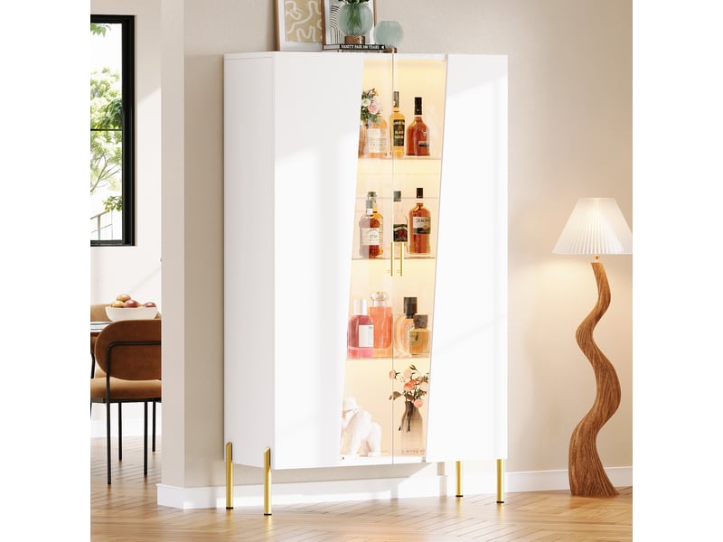 Vitrine led - 72x40x145 cm - meuble de rangement avec porte en verre asymétrique et étagères - blanc  - Conforama B