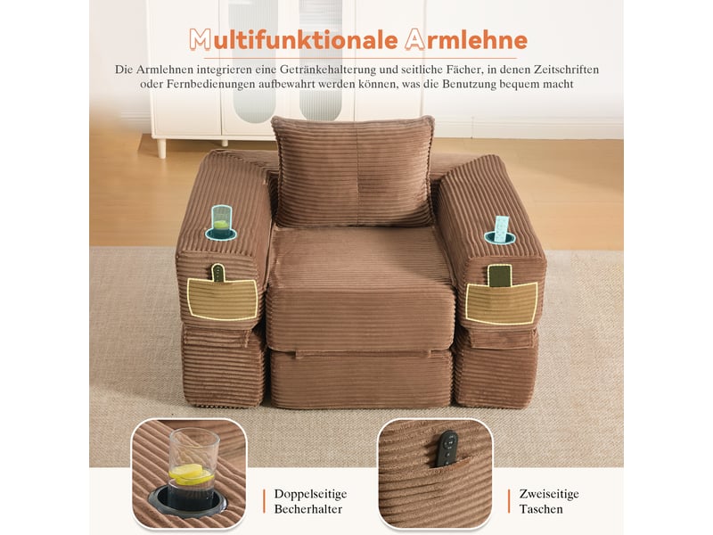  Canapé convertible 2 places en velours côtelé marron avec dossier en mousse à mémoire de forme  - Conforama E