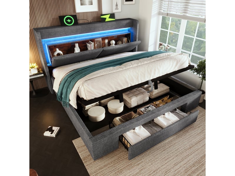  Lit coffre 140x200 cm lin gris avec tête de lit led, usb, sommier à lattes et matelas inclus  - Conforama B