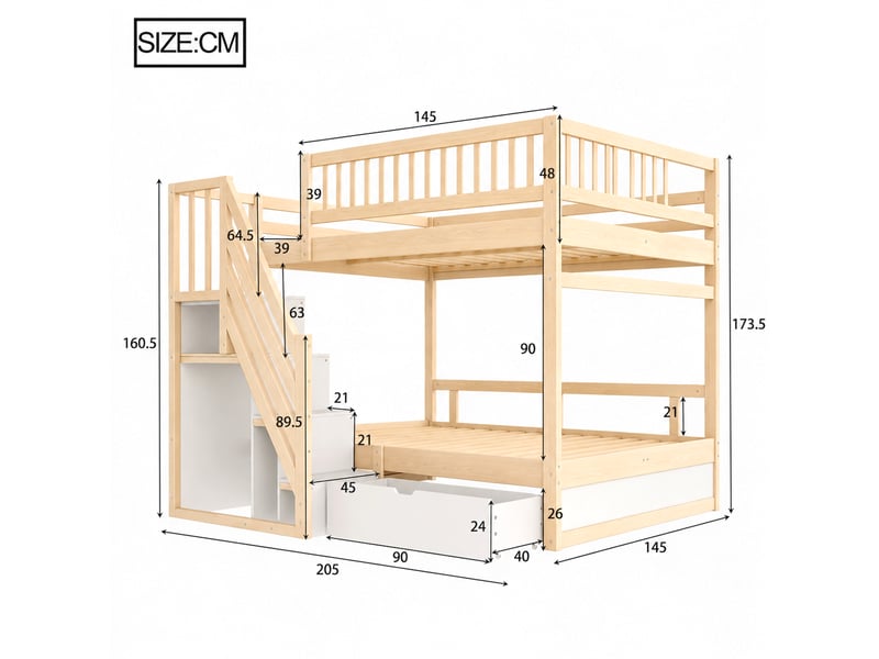  Lit superposé enfant 140×200 cm avec escalier de rangement et tiroirs - okmyhome- bois, sans matelas  - Conforama D