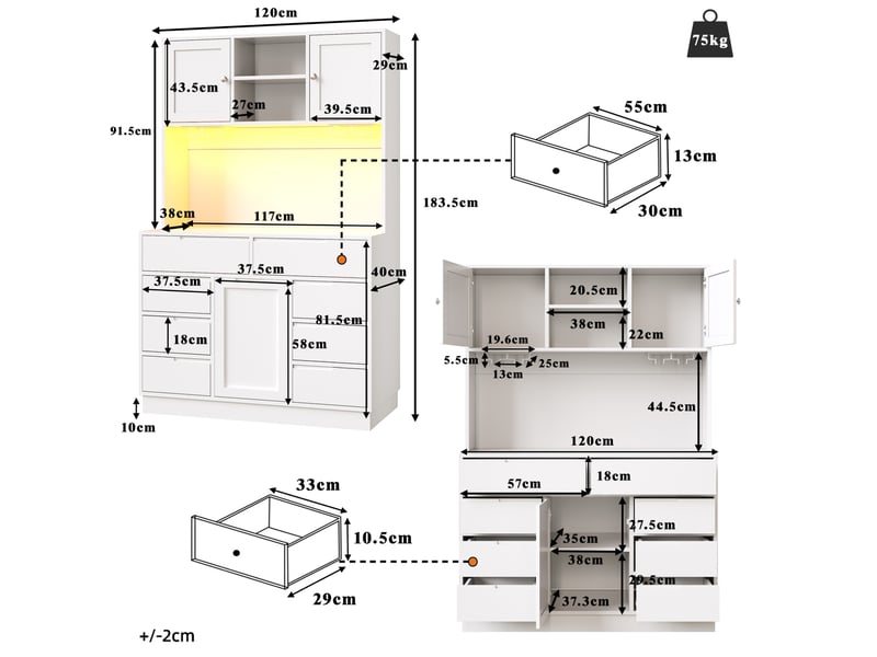  Haut de rangement cuisine 120x40x183.5 cm led 8 tiroirs mdf blanc  - Conforama C