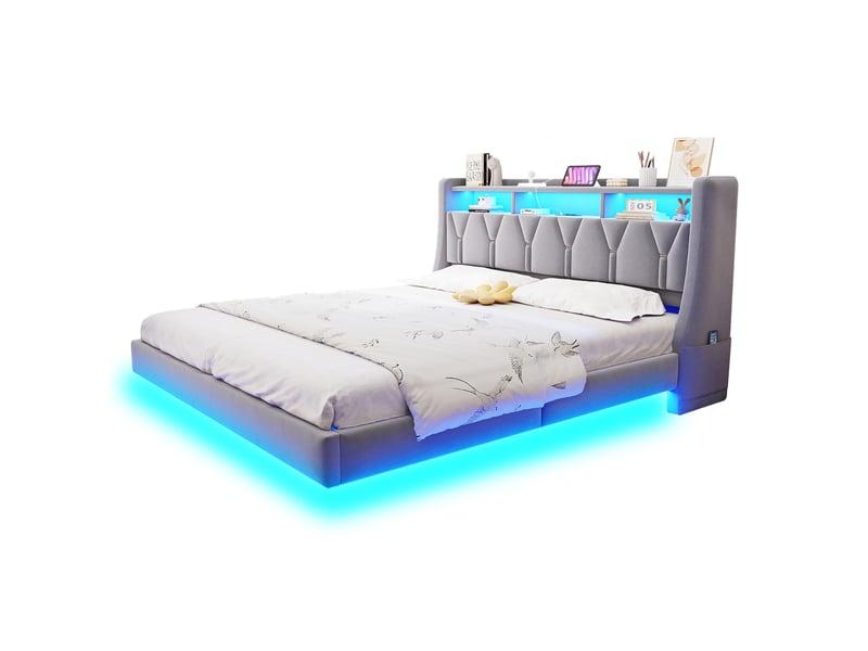 Lit plateforme 180x200 velours gris clair, tête réversible avec prises et rangements led, design suspendu, pieds élargis - Conforama A