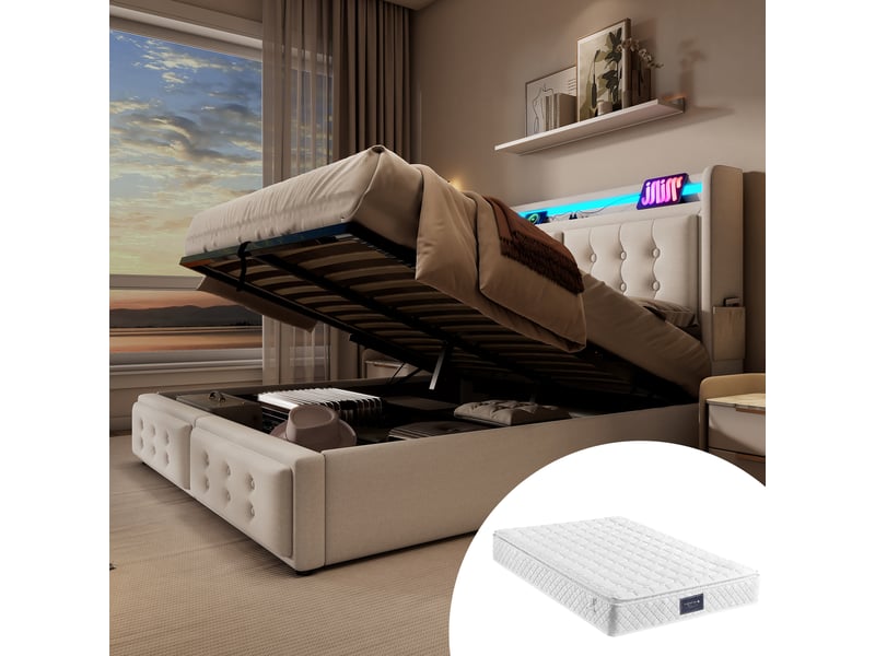  Lit coffre,160x200 cm,avec led et usb,tissu coton-lin,beige  - Conforama B