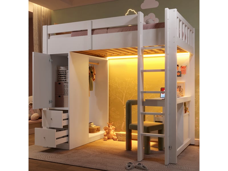  Lit mezzanine 90 × 200 cm, bureau, penderie et 4 tiroirs, blanc  - Conforama D