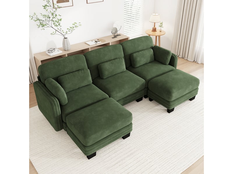  Canapé panoramique modulable en u 3 places avec 2 poufs, assise large et profonde, tissu chenille vert, cadre bois massif, 253 x 143 x 88 cm  - Conforama C