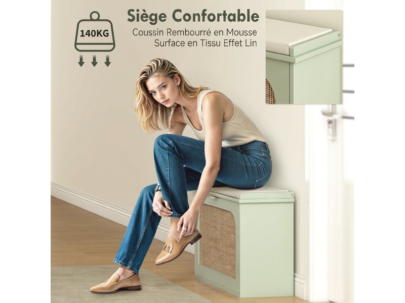  Banc à chaussures, banc de rangement, assise rembourrée, tiroir rabattable, porte en rotin, vert, 80 x 26 x 47,5 cm  - Conforama E