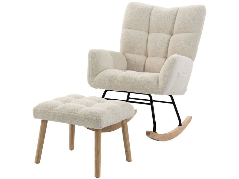  Fauteuil à bascule sherpa avec repose-pieds, poches latérales, assise épaisse et matelassage, couleur crème  - Conforama B
