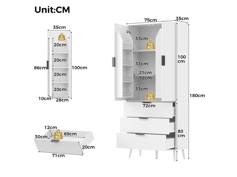  Buffet de cuisine haut avec 2 portes, 3 tiroirs et étagères réglables en mdf blanc pour cuisine 75 × 35 × 180 cm  - Conforama C