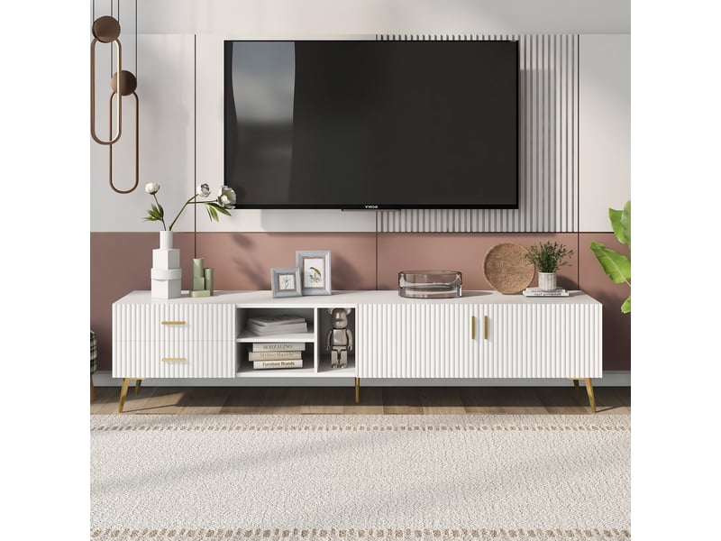  Meuble tv blanc 180 cm avec façade rainurée et rangements, meuble tv pour téléviseur jusqu'à 80 pouces, style moderne  - Conforama E