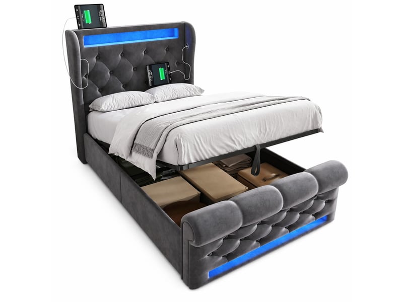 Lit coffre 1 place 90x200 cm avec led et ports usb-c, velours gris - Conforama A