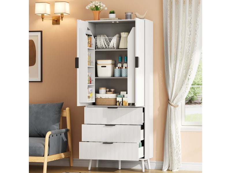  Buffet - 75x35x180 cm - meuble de rangement haut avec 2 portes, 3 tiroirs et étagères de porte - blanc  - Conforama C