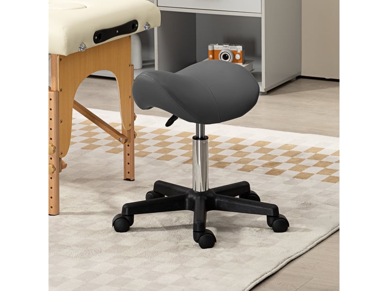  Tabouret à roulettes avec assise en forme de selle réglable en hauteur et pivotant à 360 degrés recouvert de similicuir gris  - Conforama B