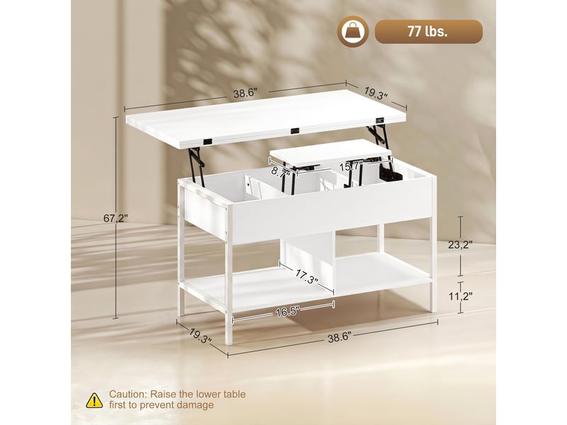  Table basse relevable et extensible, 98x49x55cm, table de salon avec compartiment caché étagères ouvertes, blanc  - Conforama C
