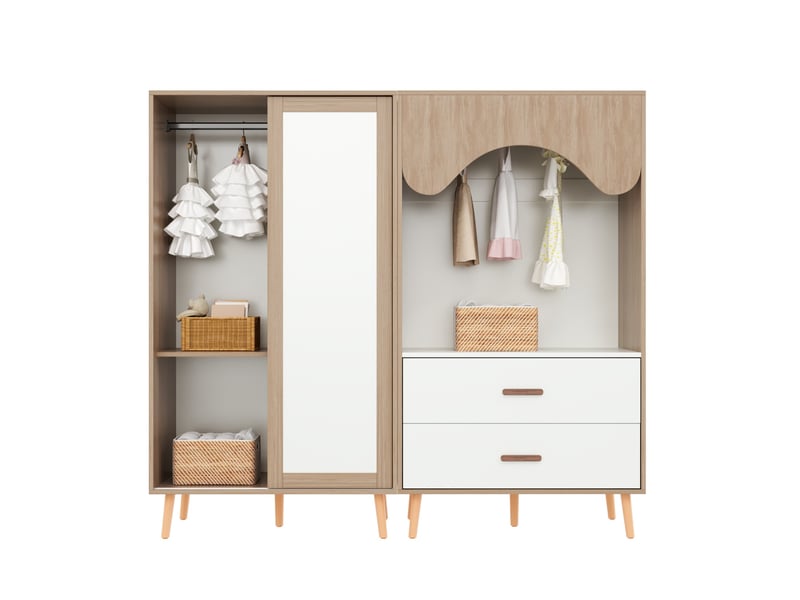  Armoire combinée tcqpz enfant avec porte coulissante, armoire ouverte, tiroirs et tringle, 160 x 46 x 141,5 cm, blanc et bois naturel  - Conforama A