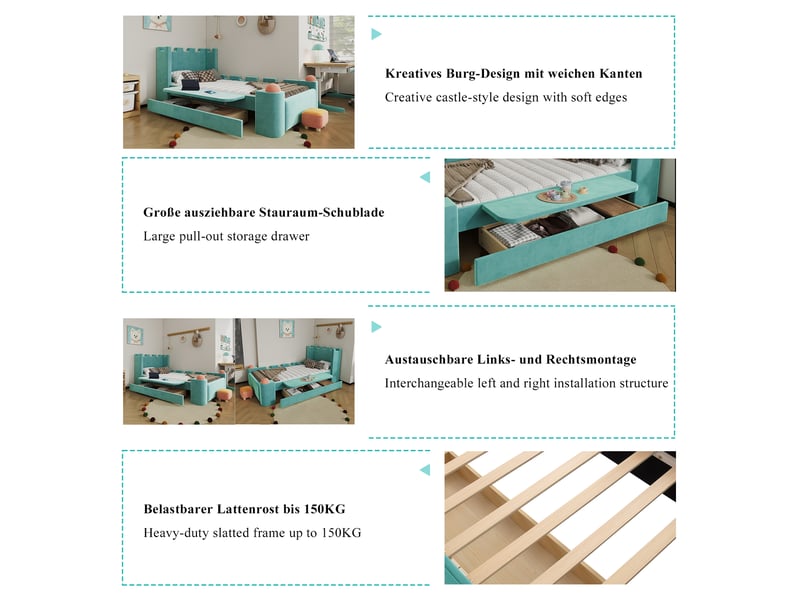 Lit château bleu-vert 90x200 cm en velours, tablette latérale rabattable, grand tiroir de rangement et bords rembourrés - Conforama E