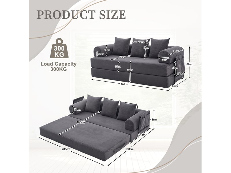  Canapé modulable modenvie 3 places en velours côtelé gris foncé 200 x 94 cm  - Conforama C