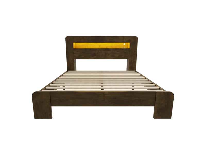  Cadre de lit en bois avec espace de rangement dans la tête de lit, éclairage led, prises intégrées, lit plateforme moderne en bois vintage 140 x 200 cm  - Conforama D