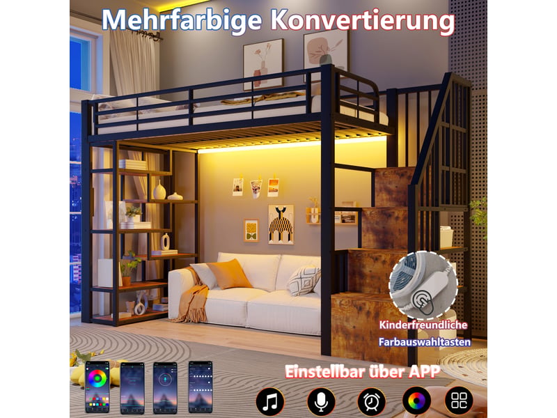 Lit surélevé 90 x 200 cm noir, marches intégrées, garde-corps, led, rangement sous lit, métal et mdf, sans matelas  - Conforama E