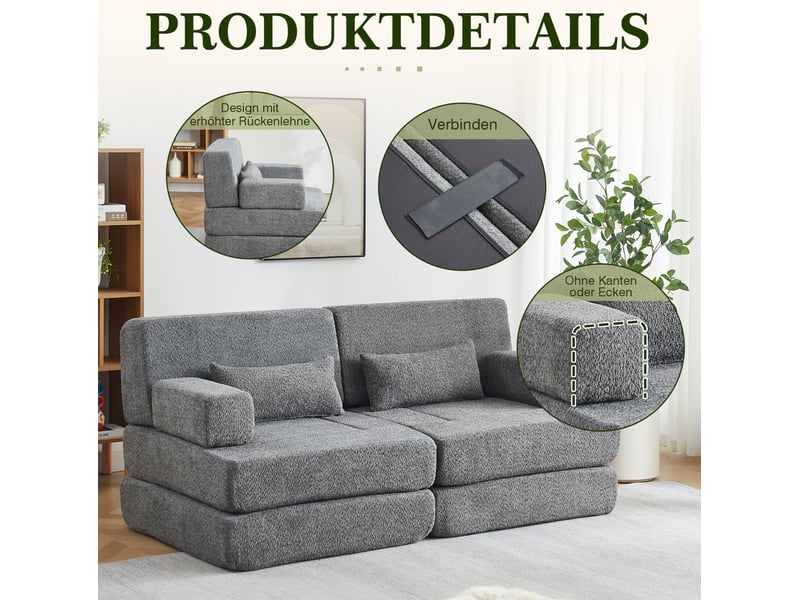  Canapé convertible modulaire 2 places gris en chenille – couchage d'appoint pliable, gain de place pour petits espaces  - Conforama C