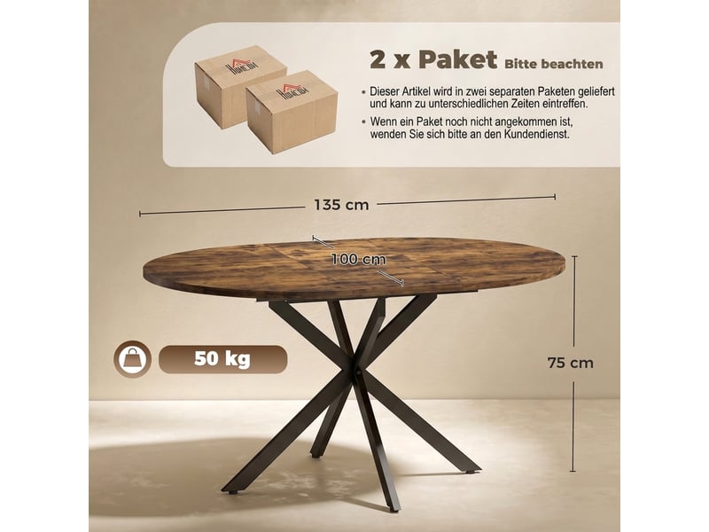  Table à manger extensible 4 à 6 personnes mdf et acier marron rustique 135x100x75 cm  - Conforama C