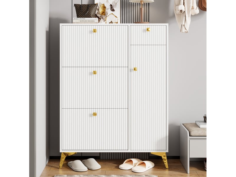 Meuble à chaussures blanc 90x25x121 cm avec 3 abattants, 1 tiroir et 1 porte - Conforama B