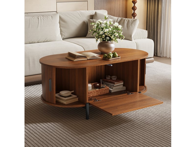  Table basse ulevr ovale avec rangement, portes coulissantes et porte en rotin, 100 x 50 x 40 cm, mdf aspect bois noyer, pieds métal noir  - Conforama D